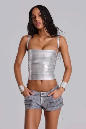 Mini-short en denim enduit Ardor, couleur argent