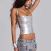 Mini-short en denim enduit Ardor, couleur argent