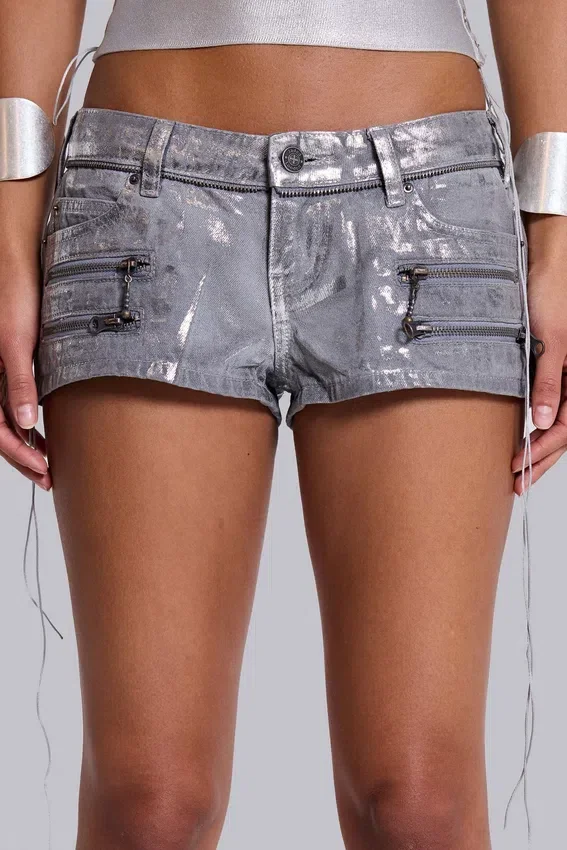 Mini-short en denim enduit Ardor, couleur argent