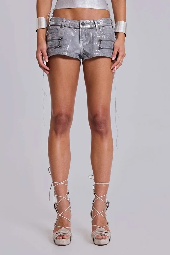 Mini-short en denim enduit Ardor, couleur argent