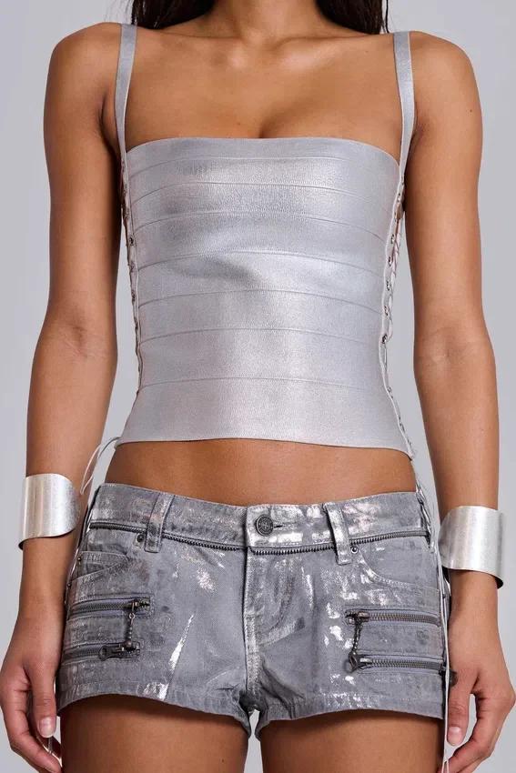 Mini-short en denim enduit Ardor, couleur argent