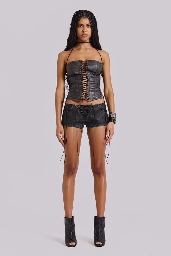 Corset à lacets en simili cuir noir Odile
