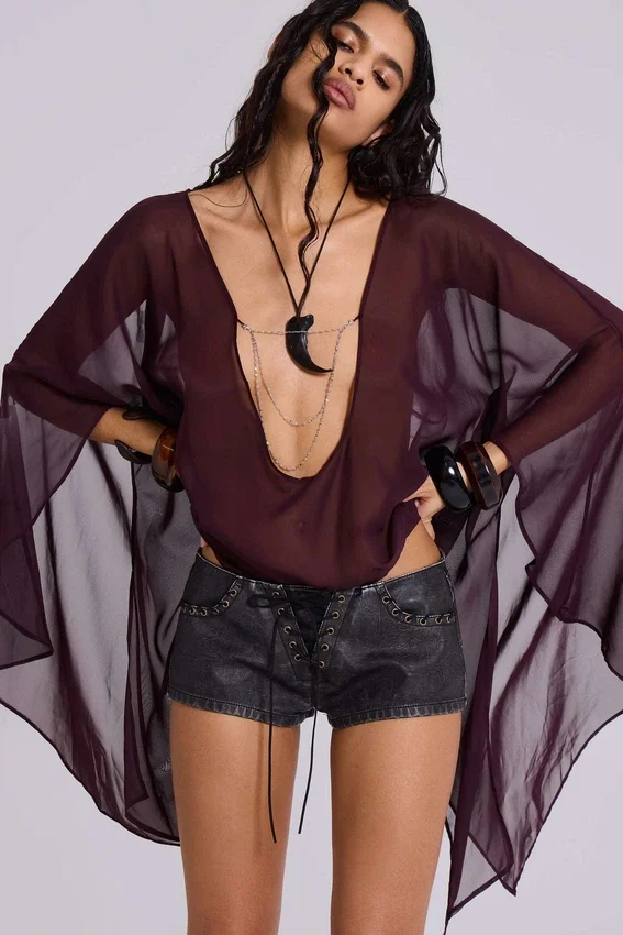 Mini-short en simili cuir Vaca à surpiqûres, noir