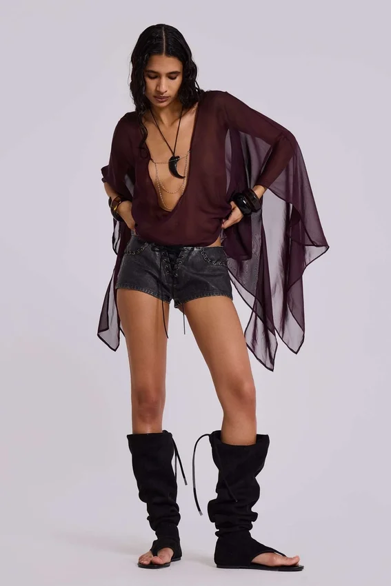 Mini-short en simili cuir Vaca à surpiqûres, noir