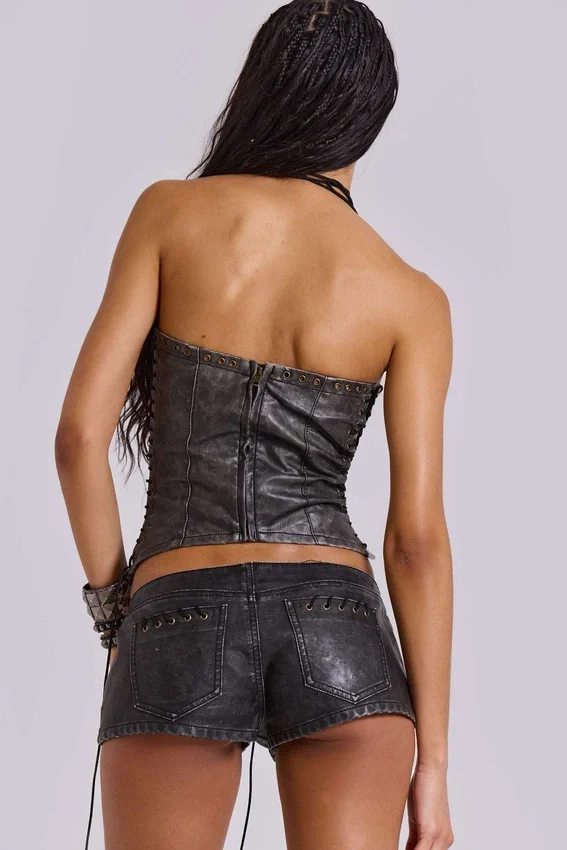 Corset à lacets en simili cuir noir Odile