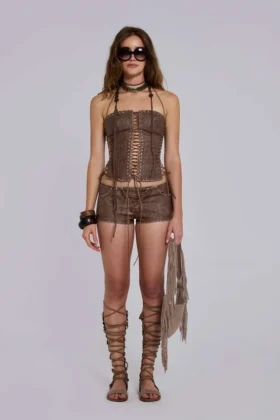 Mini-short en simili cuir Vaca Whipstitch marron