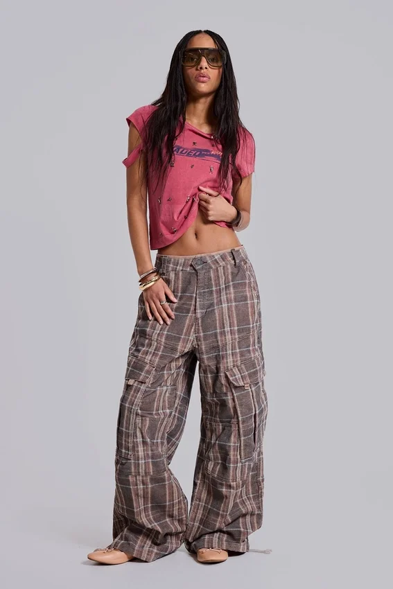 Pantalon cargo Cadet à carreaux marron