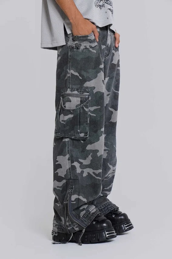 Pantalon cargo noir délavé motif camouflage Trooper