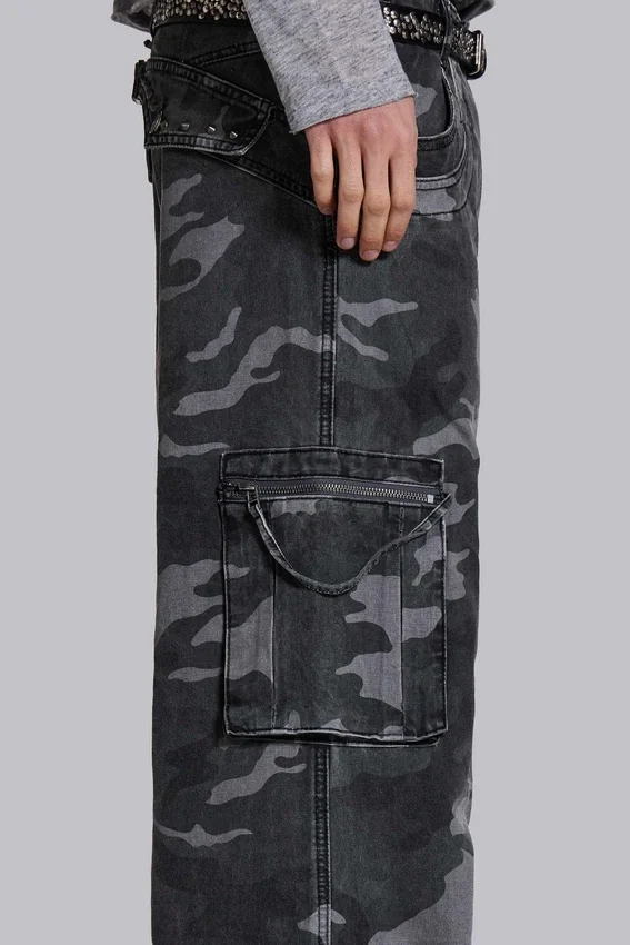 Pantalon cargo noir délavé motif camouflage Trooper