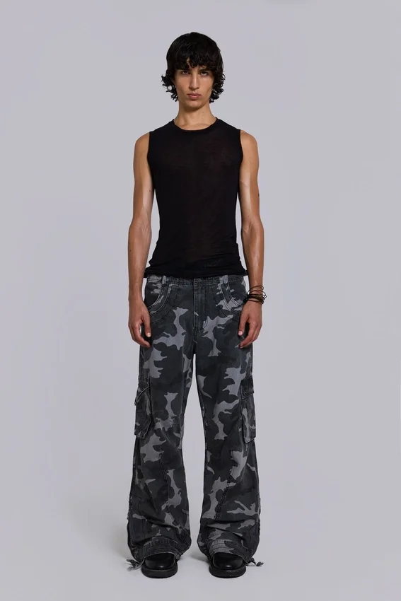 Pantalon cargo noir délavé motif camouflage Trooper