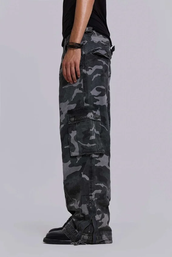 Pantalon cargo noir délavé motif camouflage Trooper