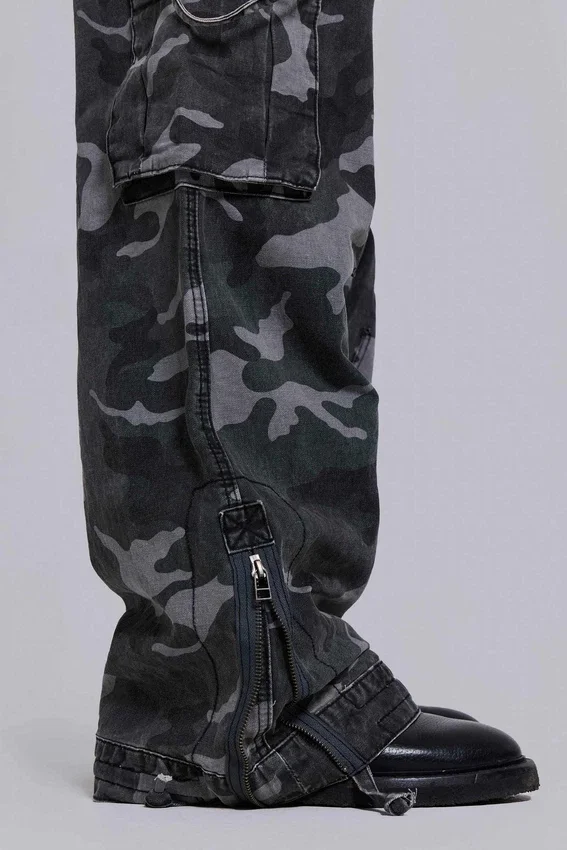 Pantalon cargo noir délavé motif camouflage Trooper