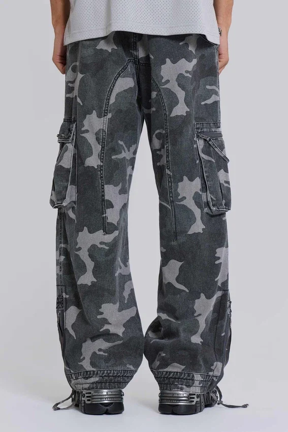Pantalon cargo noir délavé motif camouflage Trooper