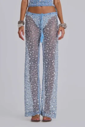 Pantalon en maille à paillettes Deva, couleur ciel