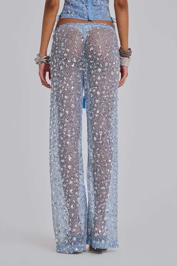 Pantalon en maille à paillettes Deva, couleur ciel