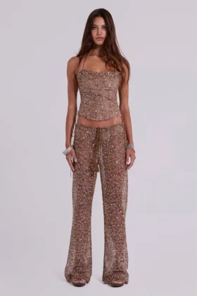 Pantalon en maille à paillettes Deva, couleur sable