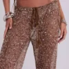 Pantalon en maille à paillettes Deva, couleur sable