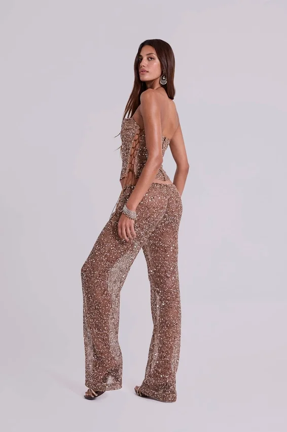 Pantalon en maille à paillettes Deva, couleur sable