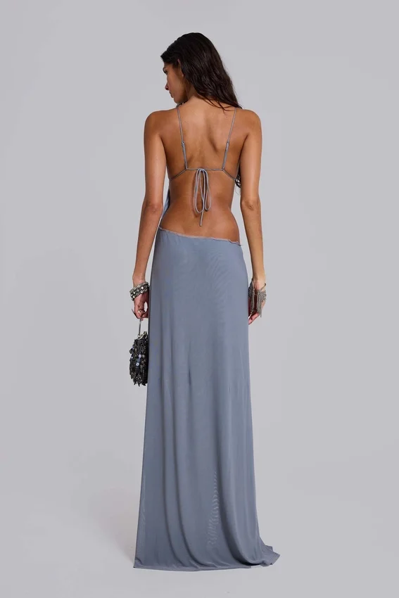 Robe longue asymétrique Brisa ornée de perles cousues à la main