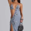 Robe longue asymétrique Brisa ornée de perles cousues à la main