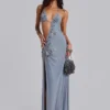 Robe longue asymétrique Brisa ornée de perles cousues à la main