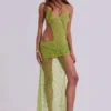 Robe longue asymétrique « Stellar » ornée de perles cousues à la main, couleur citron vert