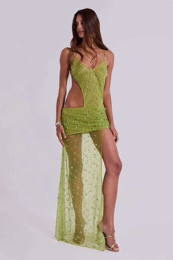 Robe longue asymétrique « Stellar » ornée de perles cousues à la main, couleur citron vert