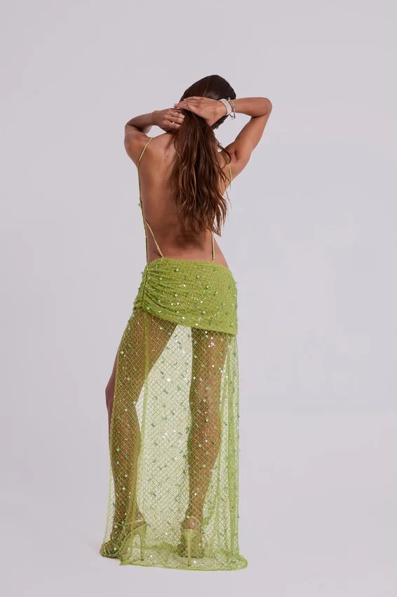 Robe longue asymétrique « Stellar » ornée de perles cousues à la main, couleur citron vert