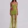 Robe longue asymétrique « Stellar » ornée de perles cousues à la main, couleur citron vert