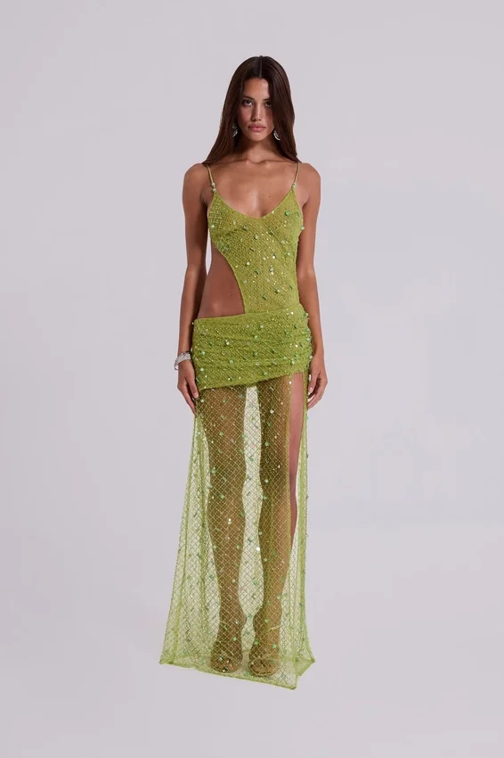 Robe longue asymétrique « Stellar » ornée de perles cousues à la main, couleur citron vert
