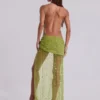 Robe longue asymétrique « Stellar » ornée de perles cousues à la main, couleur citron vert