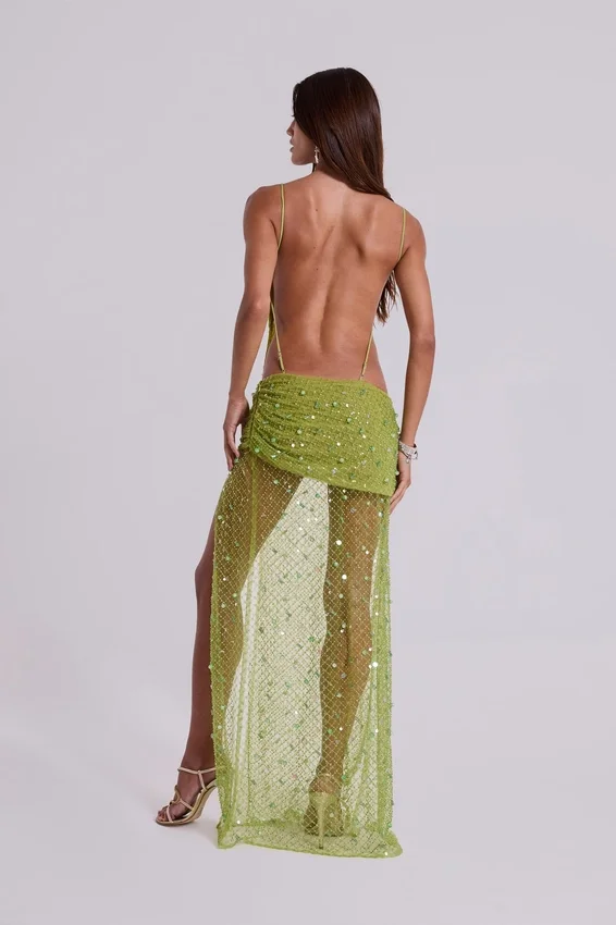 Robe longue asymétrique « Stellar » ornée de perles cousues à la main, couleur citron vert