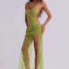 Robe longue asymétrique « Stellar » ornée de perles cousues à la main, couleur citron vert
