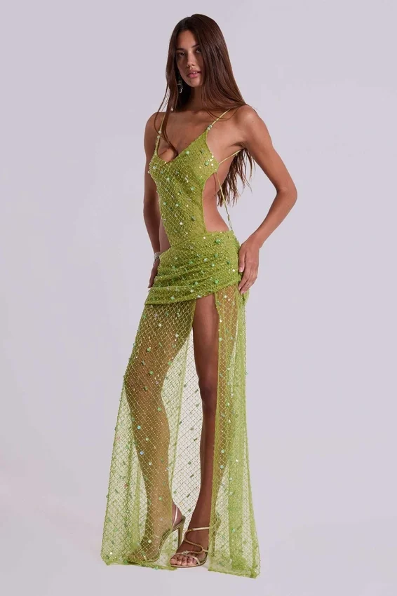 Robe longue asymétrique « Stellar » ornée de perles cousues à la main, couleur citron vert
