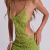 Robe longue asymétrique « Stellar » ornée de perles cousues à la main, couleur citron vert
