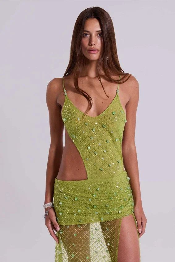 Robe longue asymétrique « Stellar » ornée de perles cousues à la main, couleur citron vert