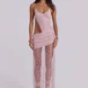 Robe longue asymétrique « Stellar » ornée de perles cousues à la main, couleur rose