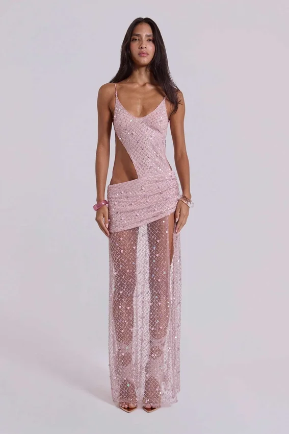 Robe longue asymétrique « Stellar » ornée de perles cousues à la main, couleur rose