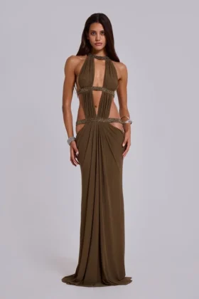 Robe longue à découpes 6AM, couleur mousse