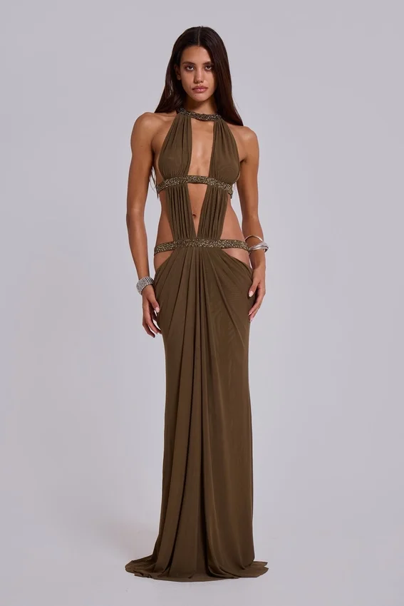 Robe longue à découpes 6AM, couleur mousse