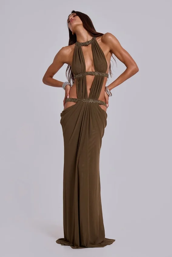 Robe longue à découpes 6AM, couleur mousse
