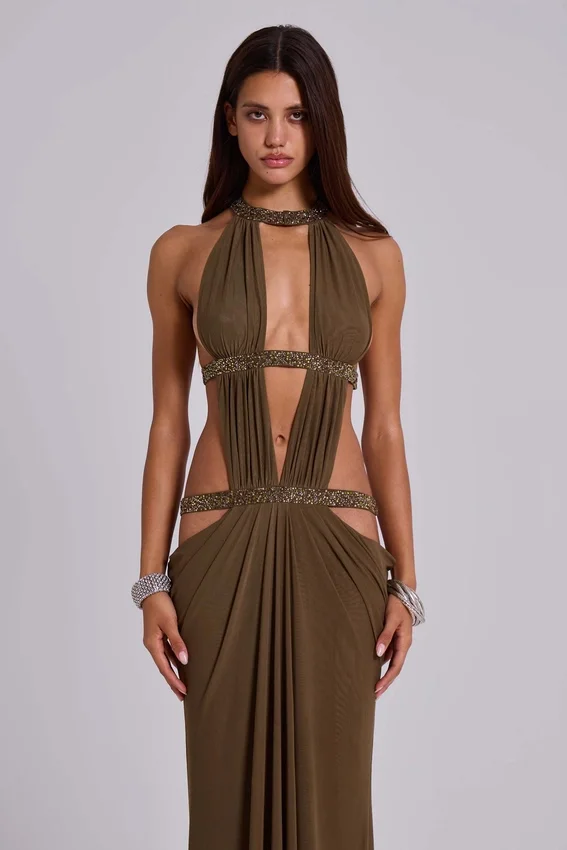 Robe longue à découpes 6AM, couleur mousse
