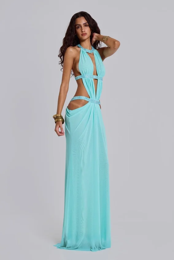 Robe longue à découpes 6AM, couleur turquoise