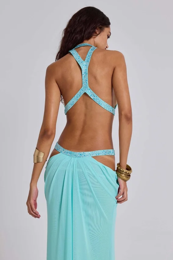 Robe longue à découpes 6AM, couleur turquoise