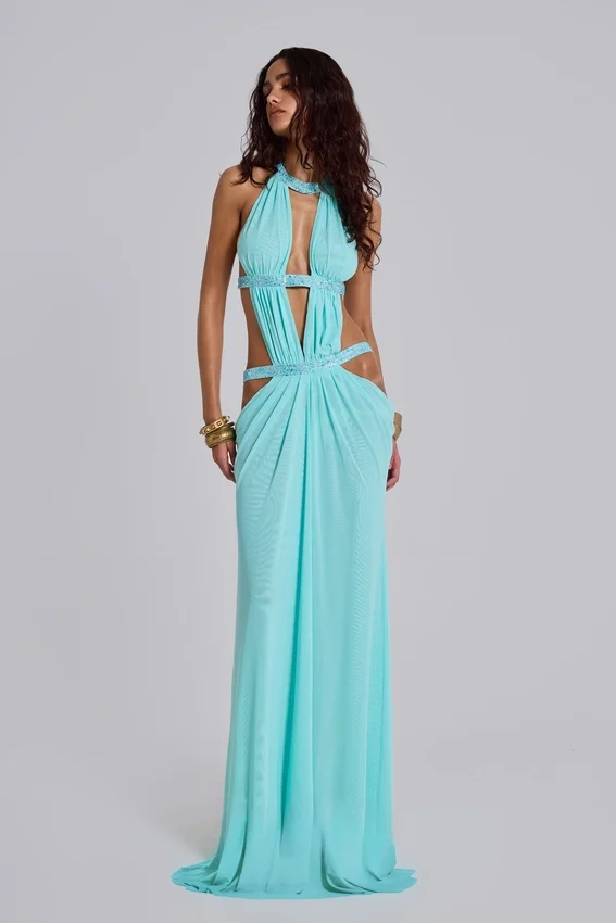 Robe longue à découpes 6AM, couleur turquoise