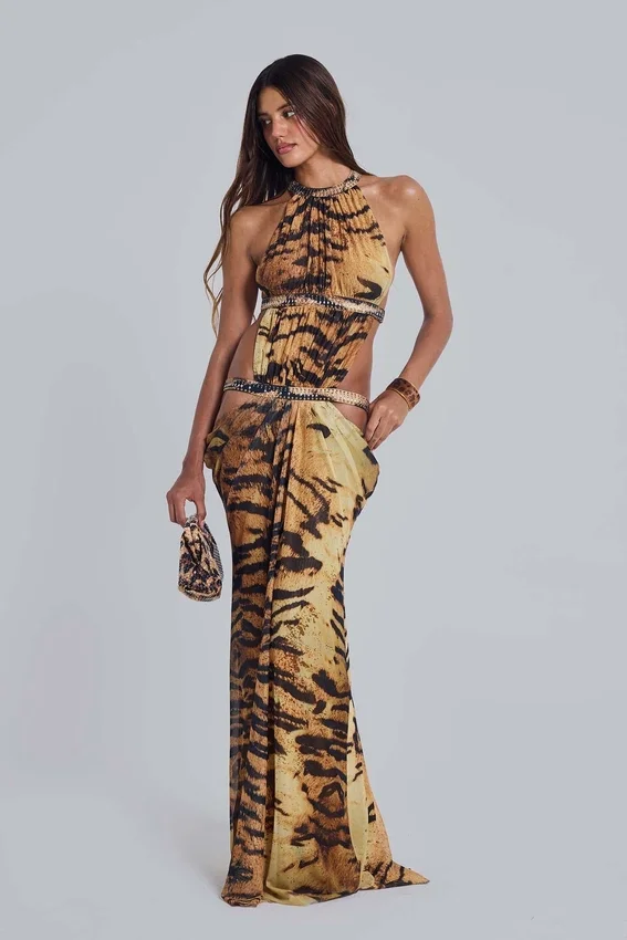 Robe longue à découpes Saffra imprimé tigre