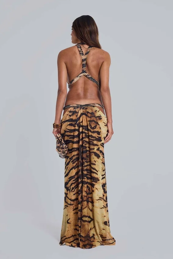 Robe longue à découpes Saffra imprimé tigre