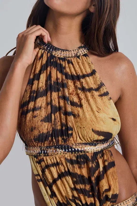Robe longue à découpes Saffra imprimé tigre