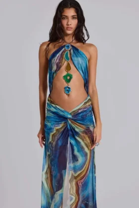 Robe longue dos nu « Quartz » à cristaux