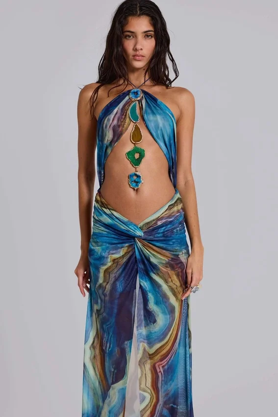 Robe longue dos nu « Quartz » à cristaux